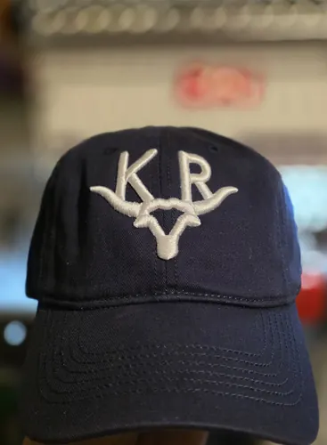 Navy dad hat with a white 3D puff KR longhorn brand logo